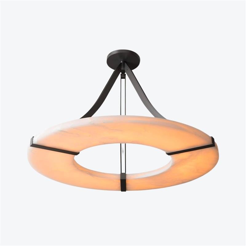 Tiered Alabaster Shade and Slender Iron Chandelier