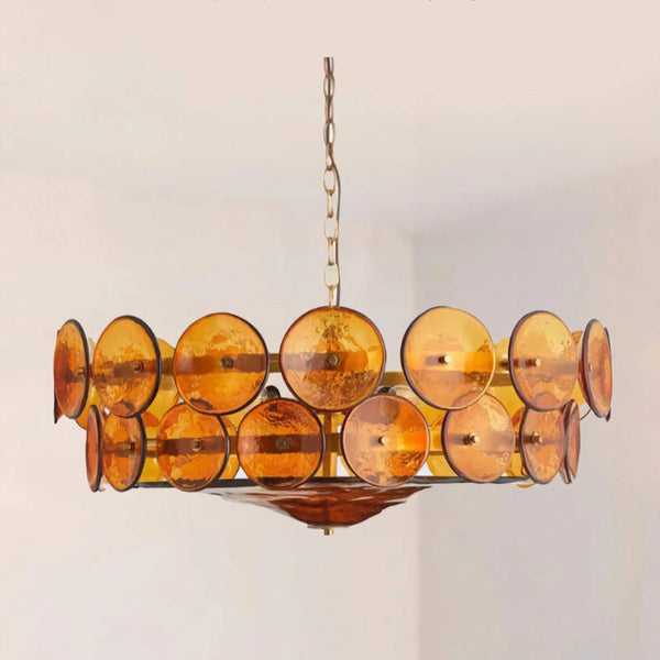 Tiered Amber Glass Disc and Brass Ring Chandelier