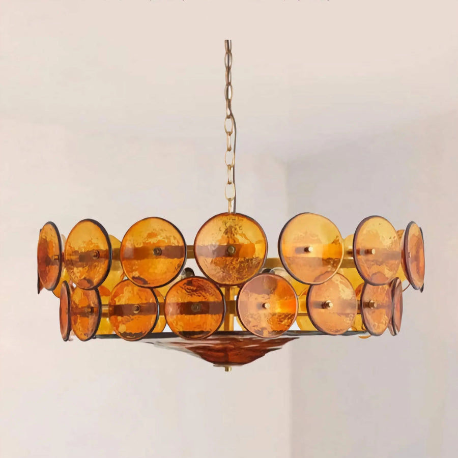 Tiered Amber Glass Disc and Brass Ring Chandelier