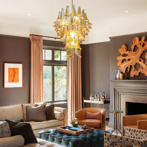Tiered Amber Glass Petal Chrome Chandelier