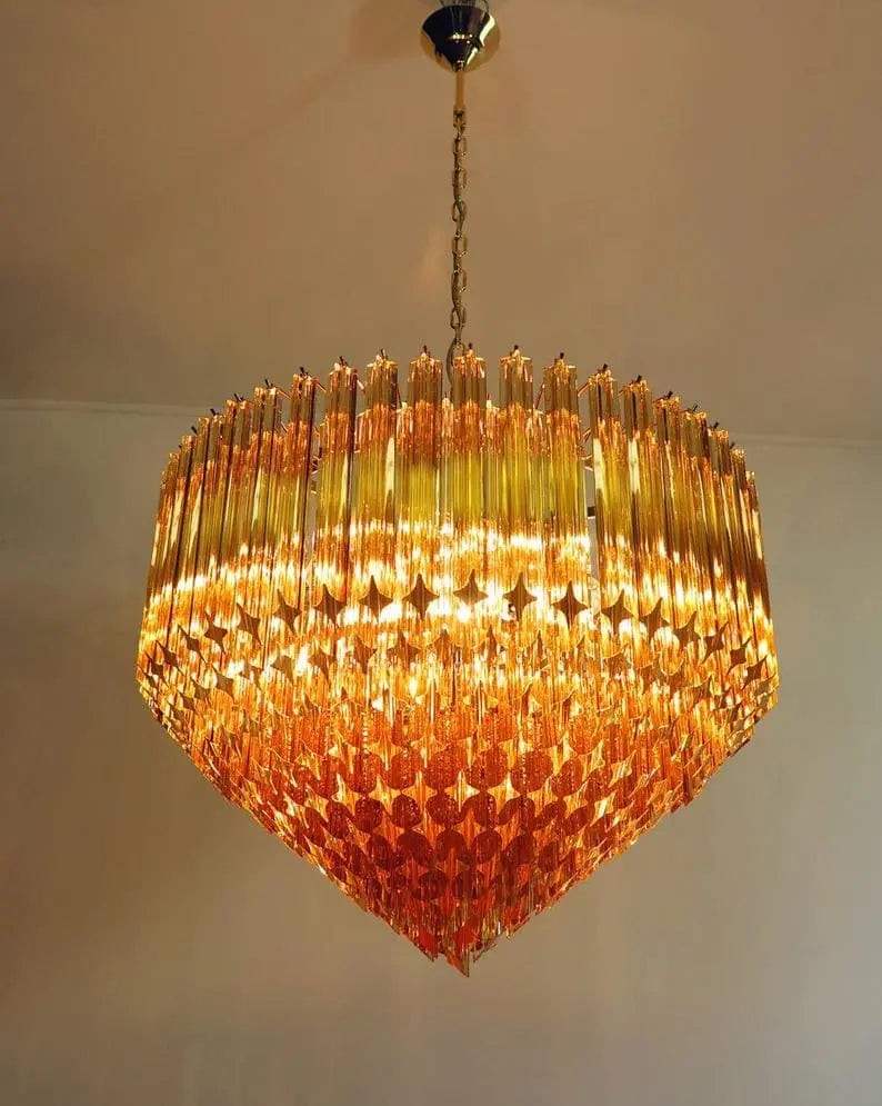 Tiered Amber Glass Prism Iron and Brass Chandelier