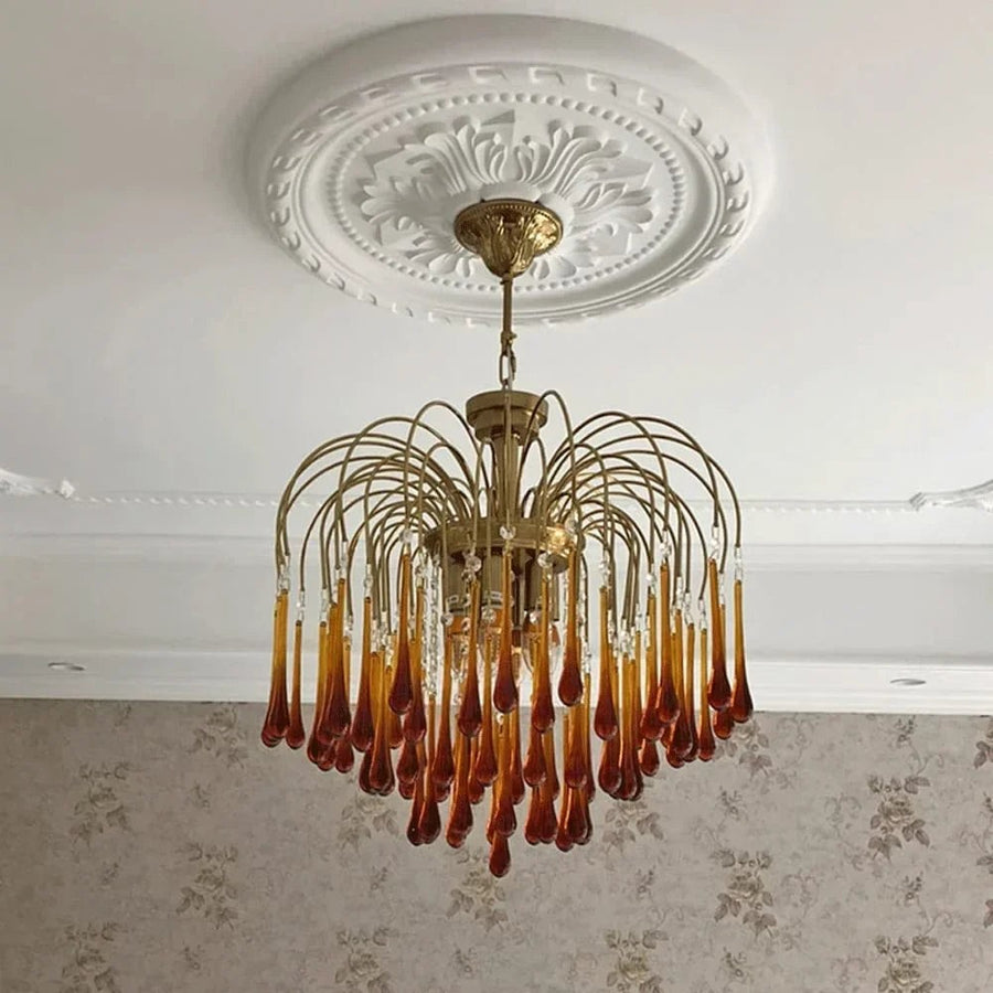 Tiered Amber Glass Teardrop and Crystal Chandelier
