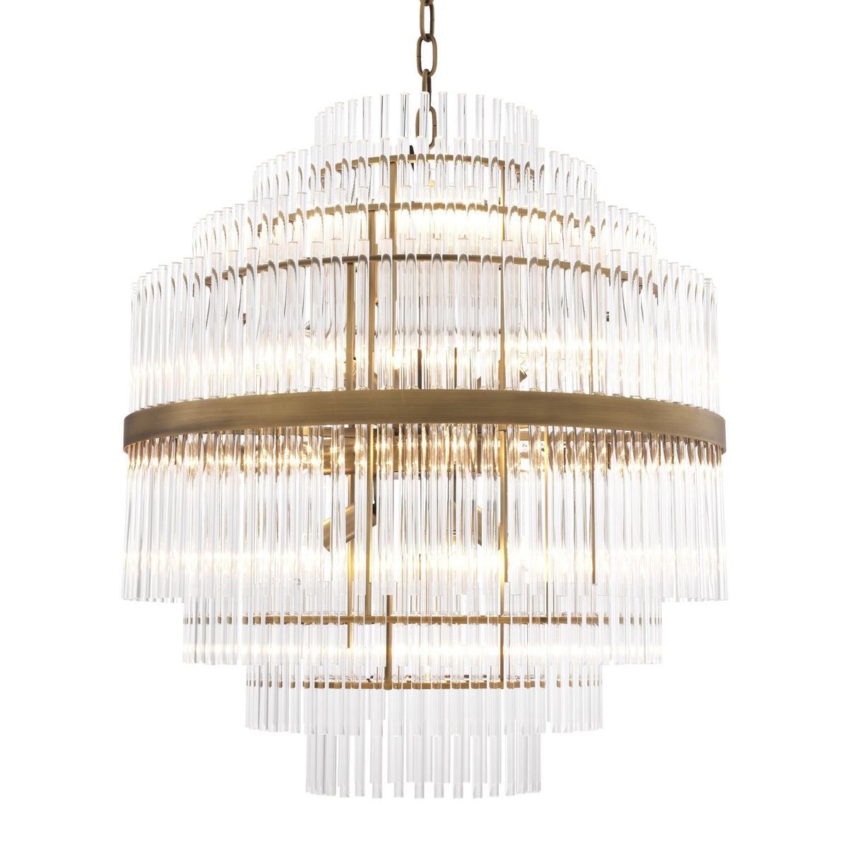 Tiered Antique Brass and Glass Rod Chandelier