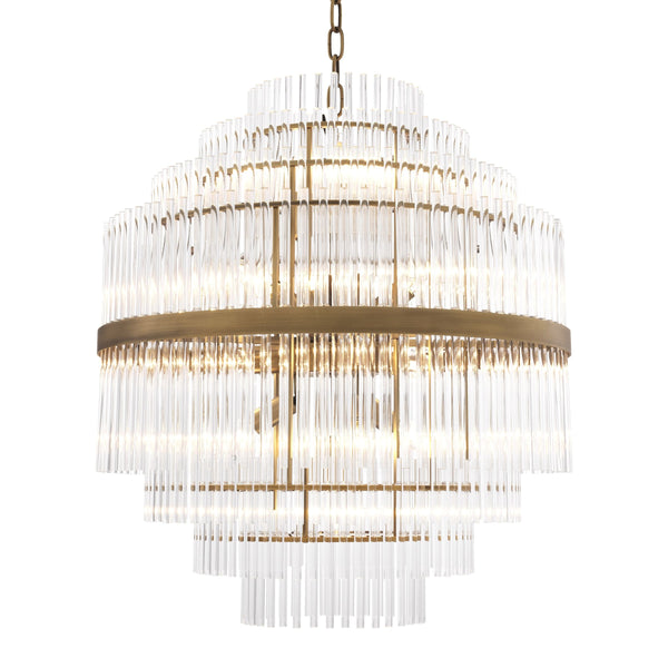 Tiered Antique Brass and Glass Rod Chandelier