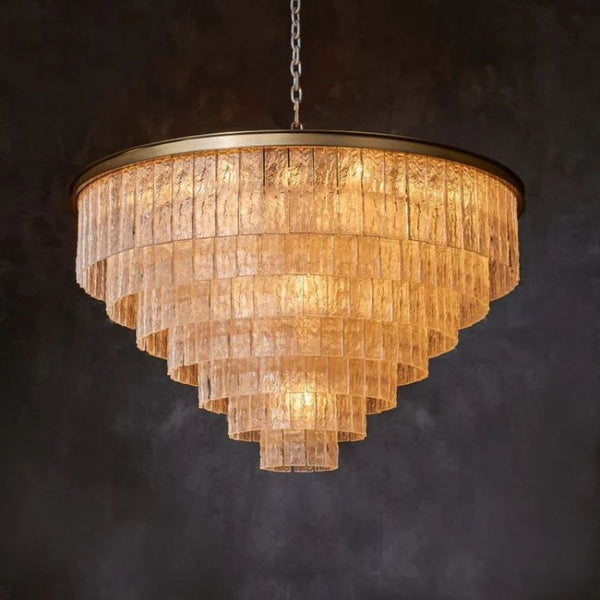 Tiered Bark Textured Glass and Brass Chandelier