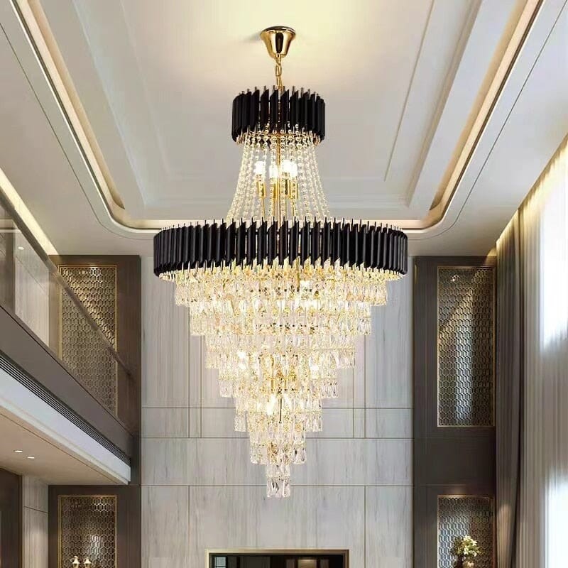 Tiered Black Crystal and Polished Nickel Linear Chandelier