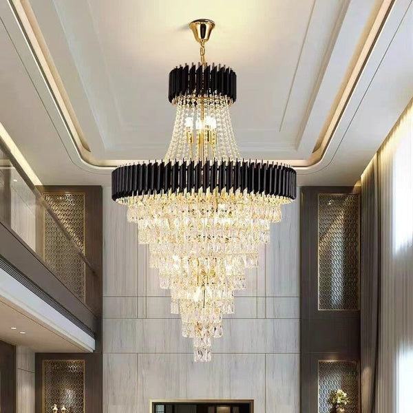 Tiered Black Crystal and Polished Nickel Linear Chandelier