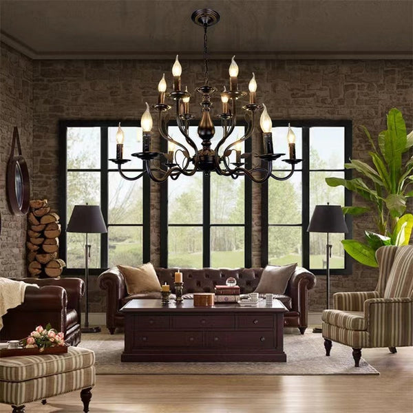 Tiered Black Iron Candle Chandelier with Leaves