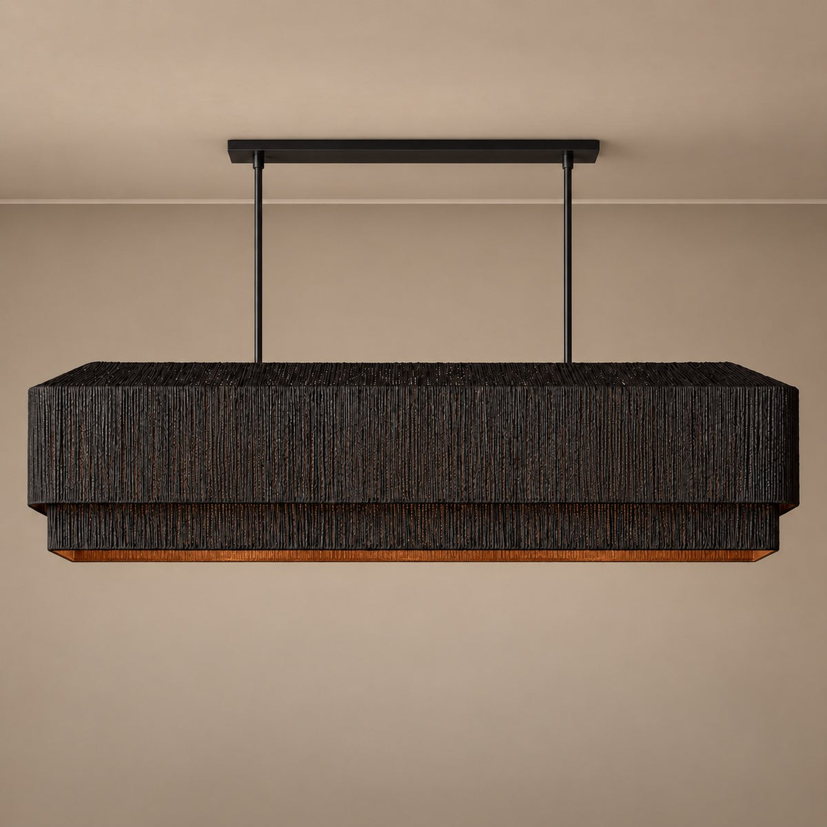 Tiered Black Rattan and Copper Linear Chandelier