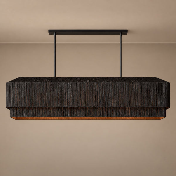 Tiered Black Rattan and Copper Linear Chandelier