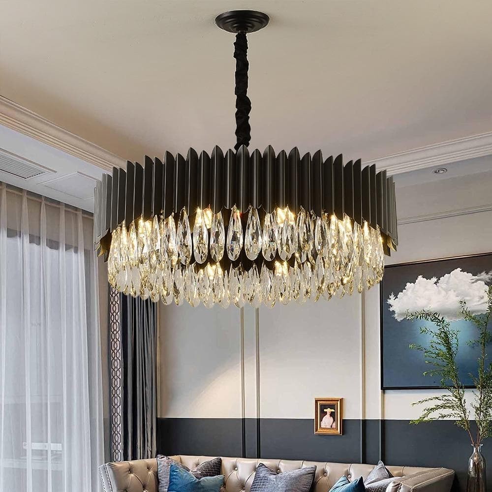 Tiered Black Steel and Crystal Chandelier
