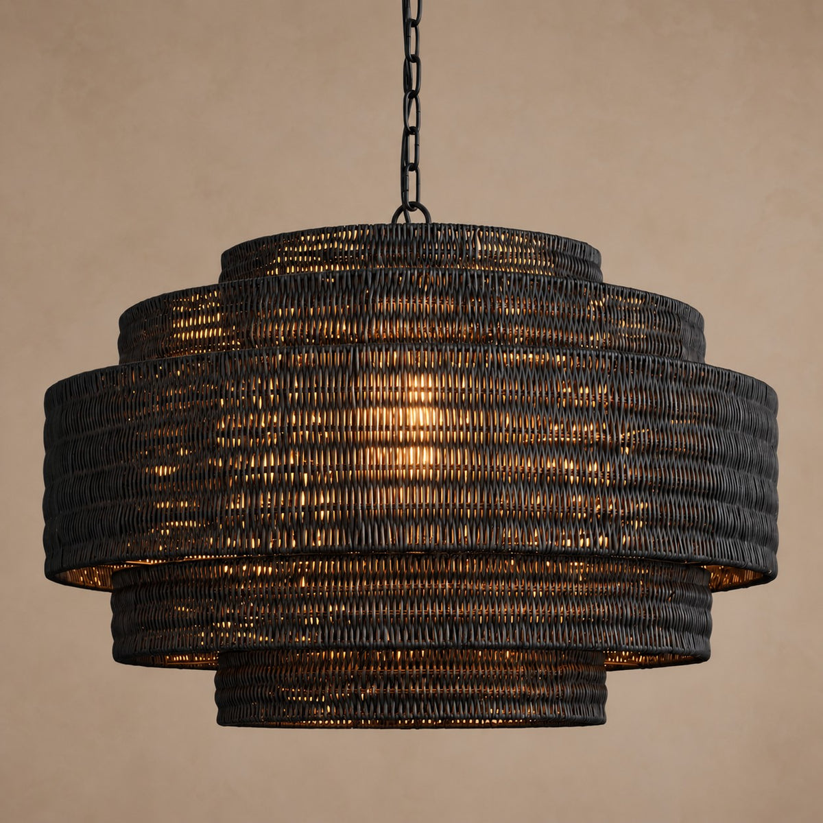 Tiered Black Woven Rattan Drum Chandelier