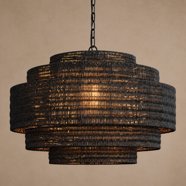Tiered Black Woven Rattan Drum Chandelier