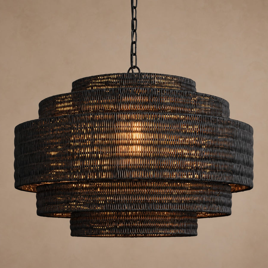 Tiered Black Woven Rattan Drum Chandelier
