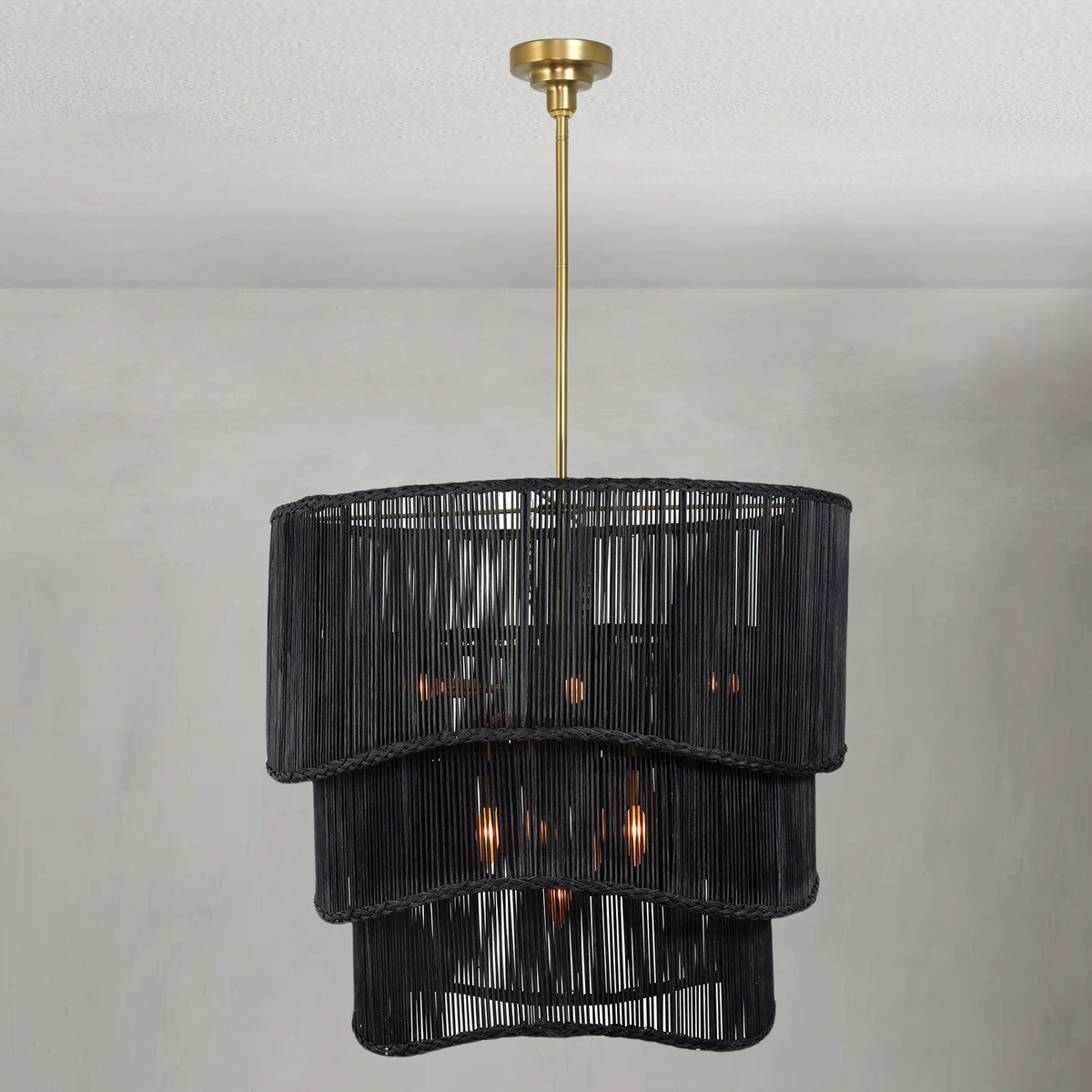 Tiered Black Woven Rattan Drum Chandelier
