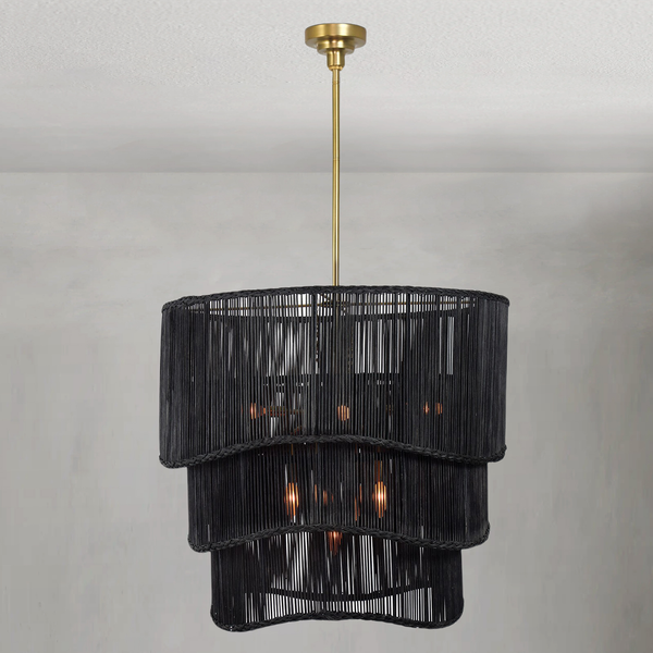 Tiered Black Woven Rattan Drum Chandelier