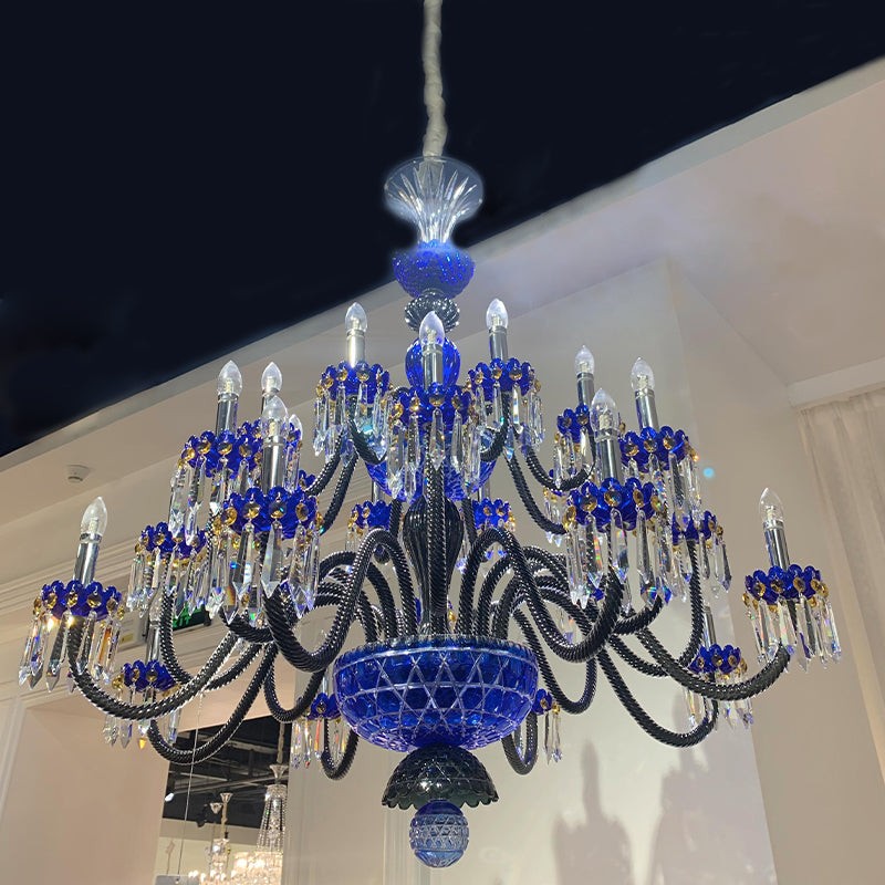 Tiered Blue and Black Crystal Candle Chandelier