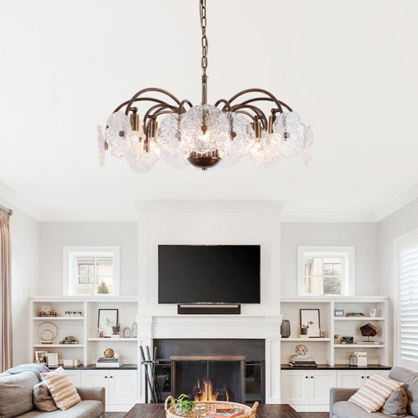 Tiered Branching Brass Chandelier with Glass Leaf Shades