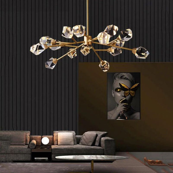 Tiered Brass and Faceted Crystal Cluster Chandelier