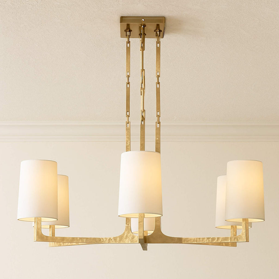 Tiered Brass Arm Chandelier with Linen Cylinder Shades