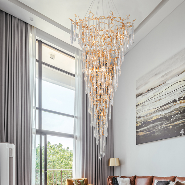 Tiered Brass Branch Chandelier with Crystal Drops