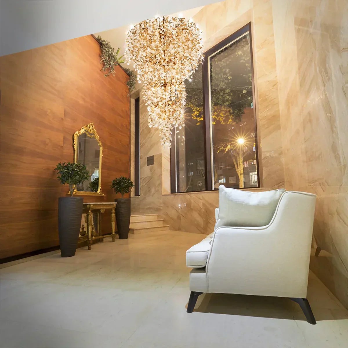 Tiered Brass Branch Chandelier with Glass Wafers