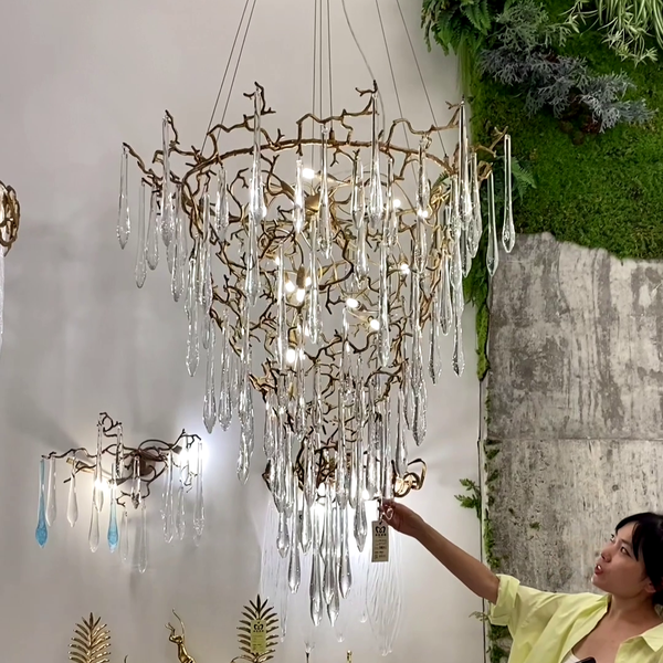 Tiered Brass Branch Crystal Droplet Chandelier