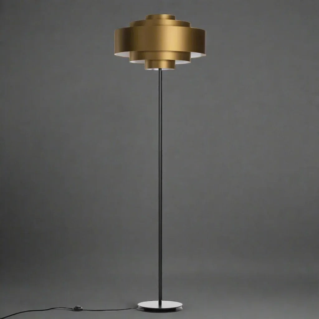 Tiered Brass Shade Floor Lamp with Black Iron Base
