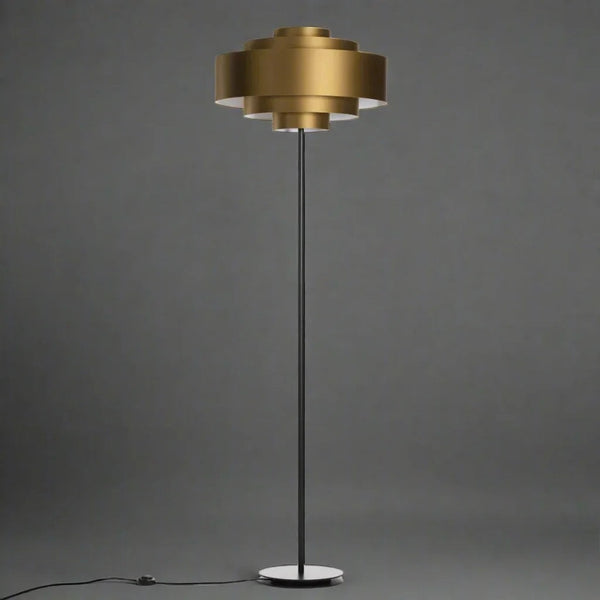 Tiered Brass Shade Floor Lamp with Black Iron Base