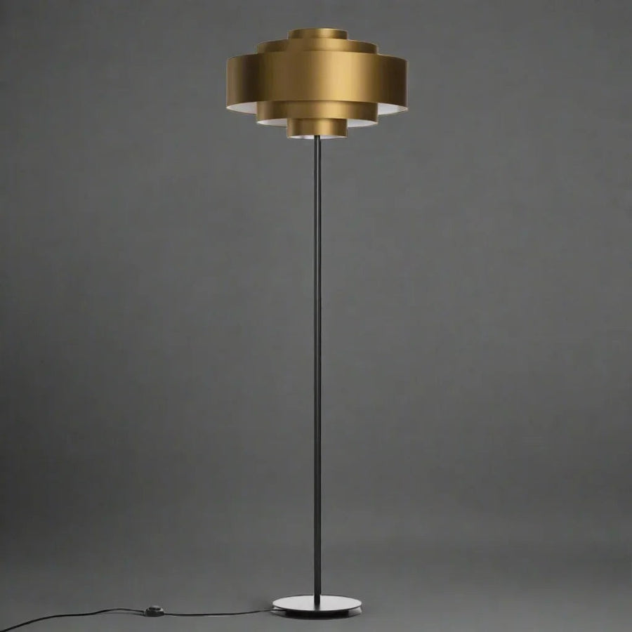 Tiered Brass Shade Floor Lamp with Black Iron Base