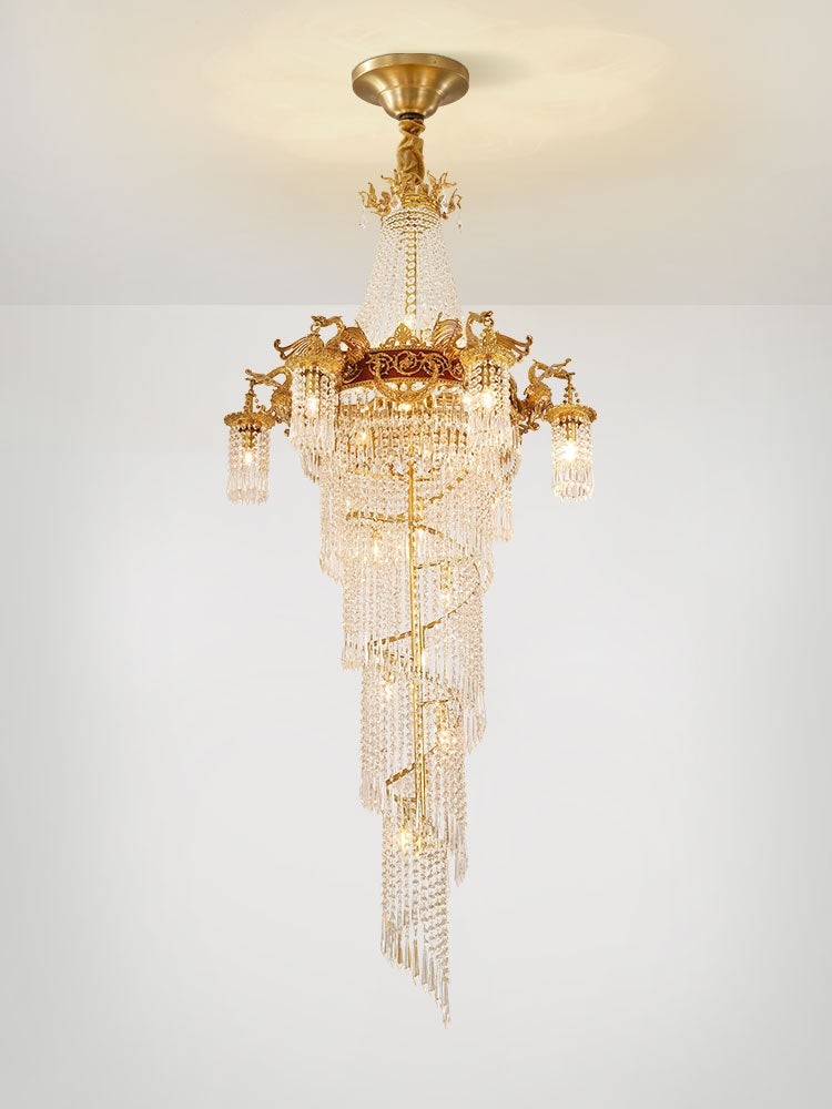 Tiered Brass Swan and Crystal Bead Chandelier