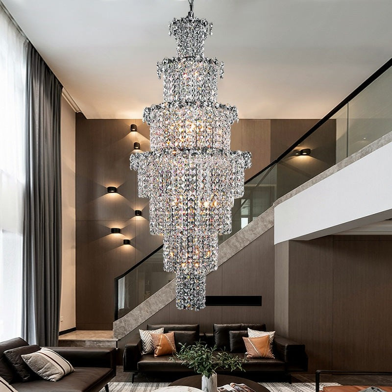 Tiered Cascading Crystal and Steel Chandelier