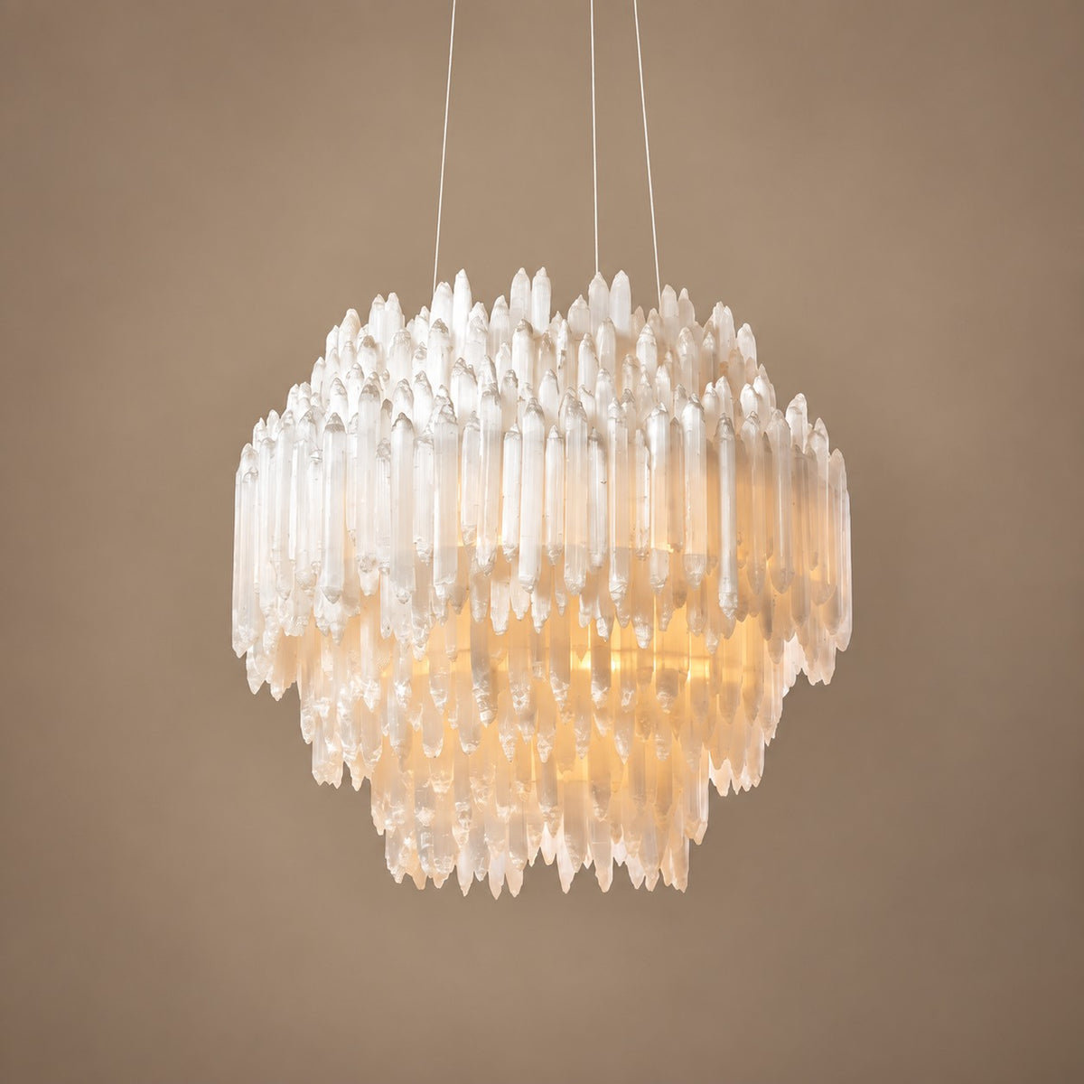 Tiered Cascading Selenite Crystal and Brass Chandelier