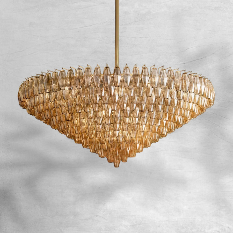 Tiered Clear Faceted Glass Cluster Brass Chandelier