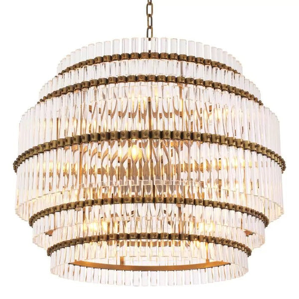 Tiered Clear Glass Tube and Antique Brass Chandelier