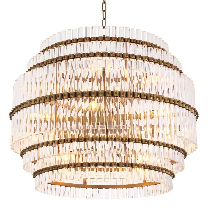 Tiered Clear Glass Tube and Antique Brass Chandelier