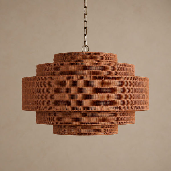 Tiered Cognac Rattan Drum Chandelier