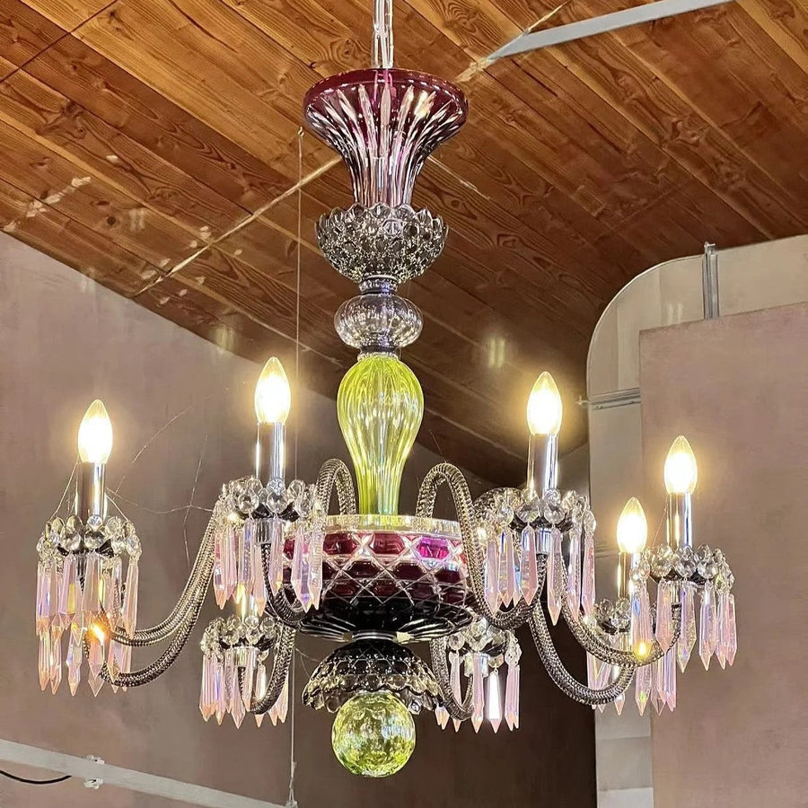 Tiered Colored Crystal and Metal Chandelier