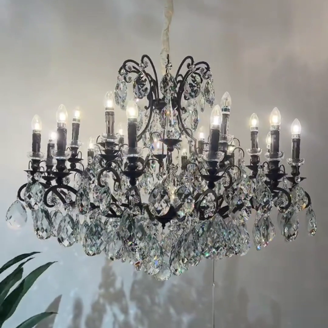 Tiered Crystal and Antique Black Candle Chandelier