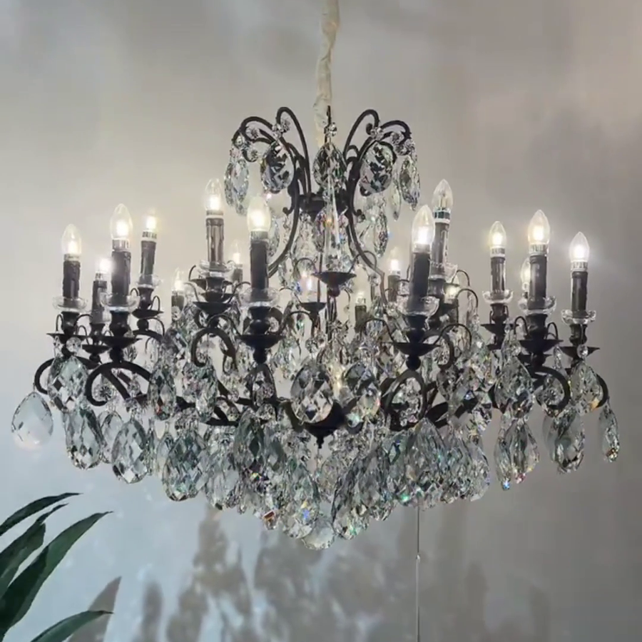 Tiered Crystal and Antique Black Candle Chandelier