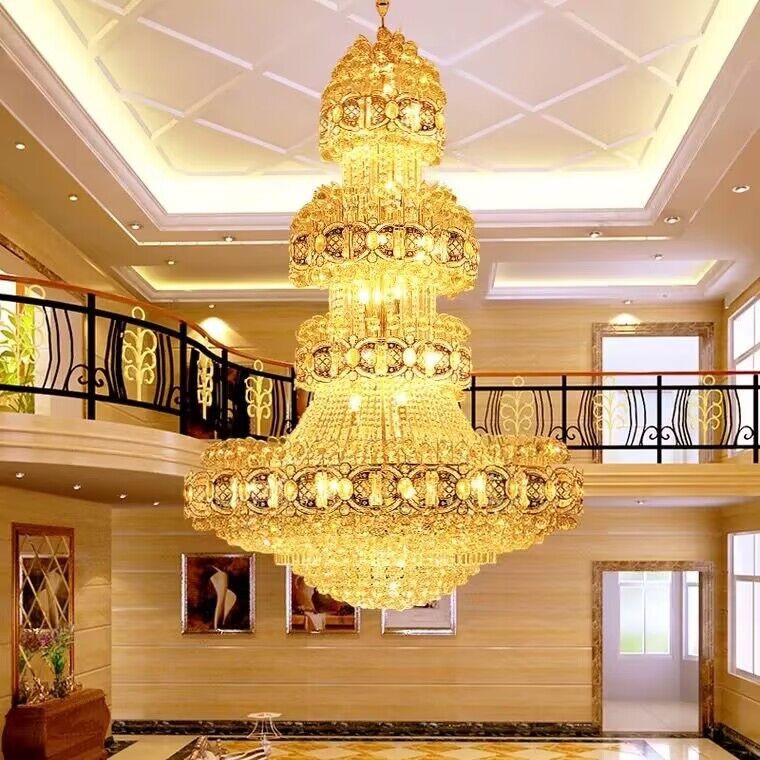 Tiered Crystal and Gold Metal Empire Chandelier