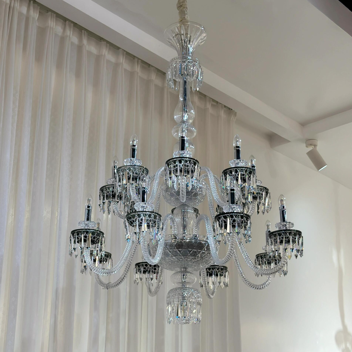 Tiered Crystal and Metal Candle Arm Chandelier