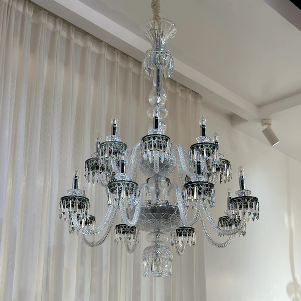 Tiered Crystal and Metal Candle Arm Chandelier