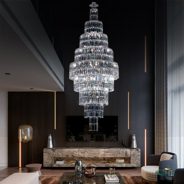 Tiered Crystal and Steel Linear Chandelier