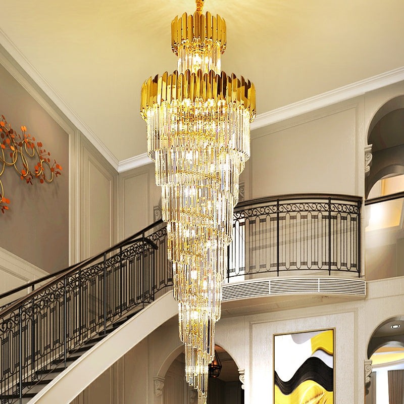 Tiered Crystal Column Chandelier with Gold Frame