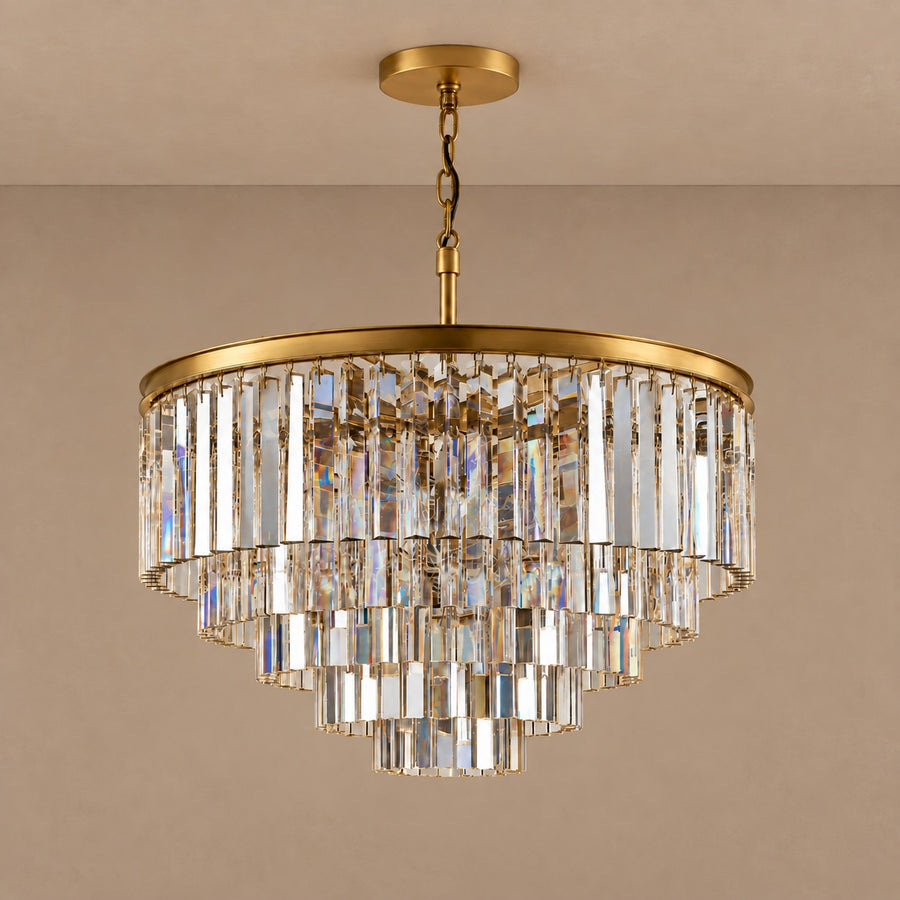 Tiered Crystal Rod Chandelier with Brass Frame