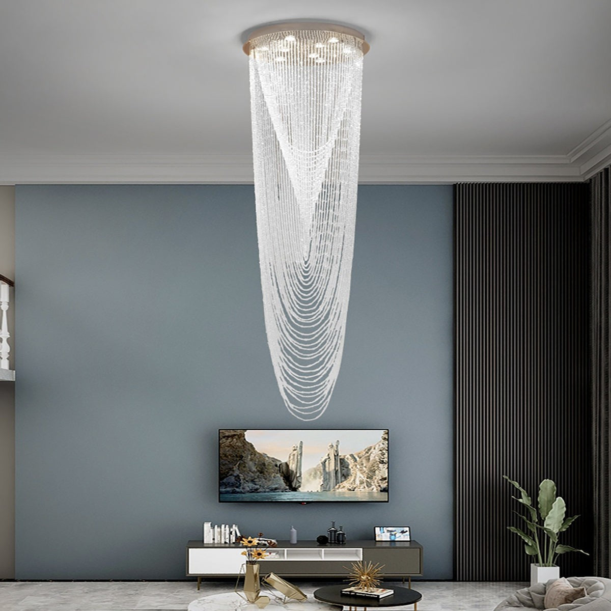 Tiered Crystal Strand Cascade Staircase Chandelier