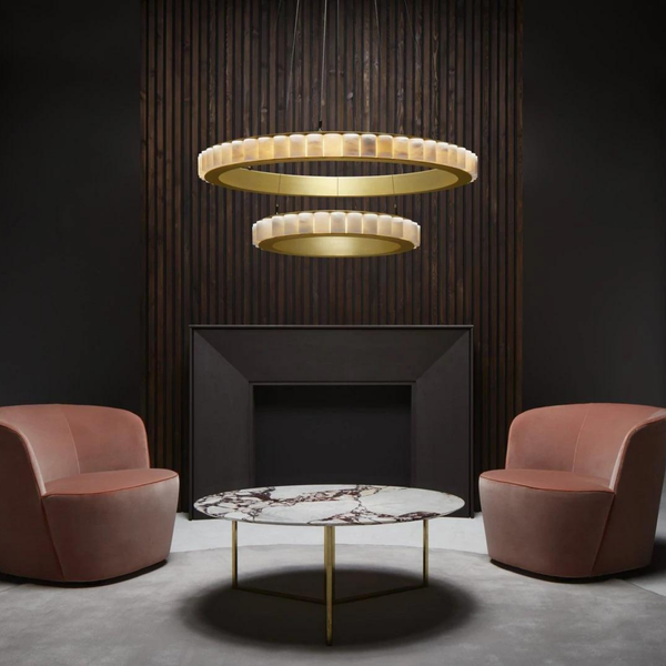 Tiered Double Ring Alabaster and Metal Chandelier