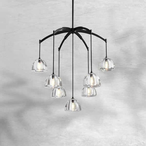 Tiered Engraved Glass Globe and Brass Chandelier