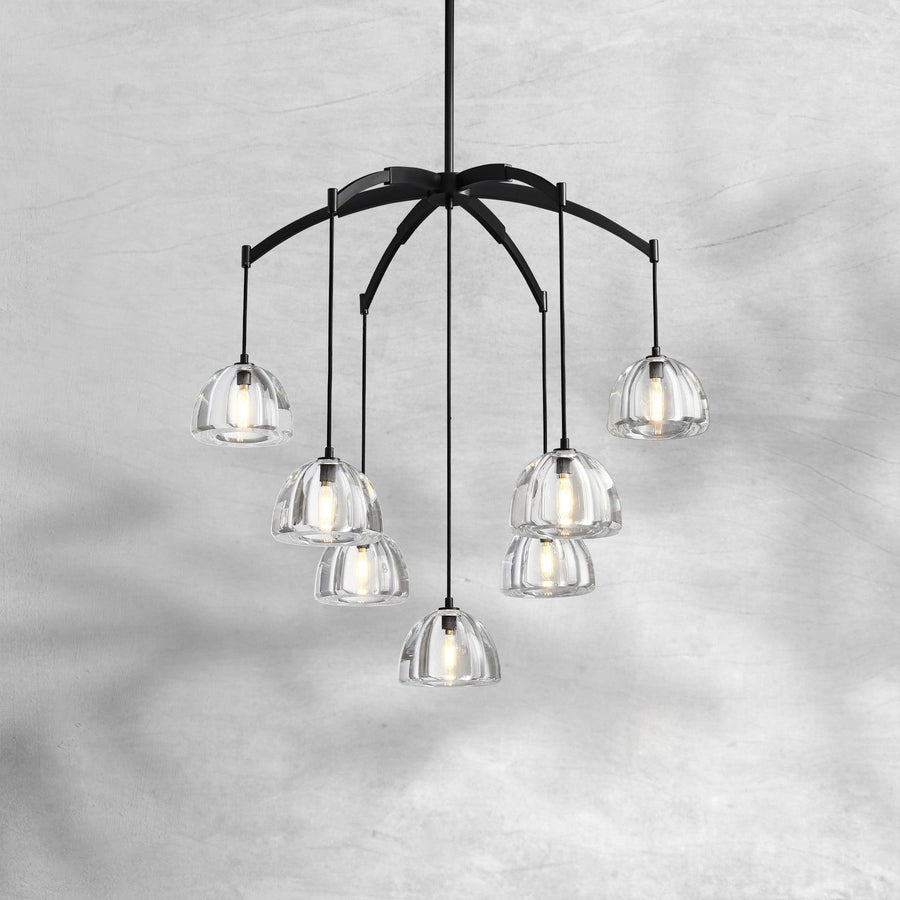 Tiered Engraved Glass Globe and Brass Chandelier
